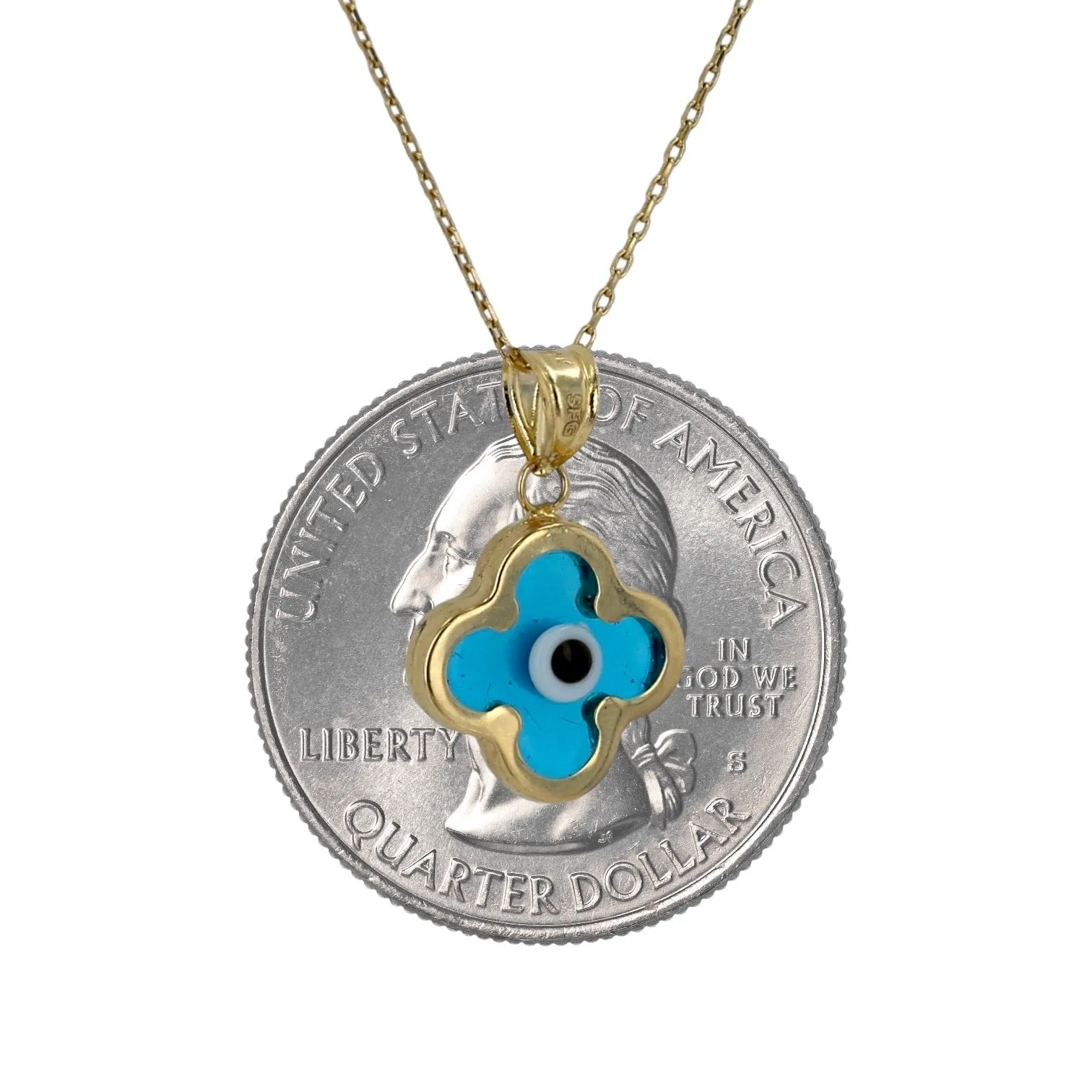 14K Yellow gold chain aqua clover pendant