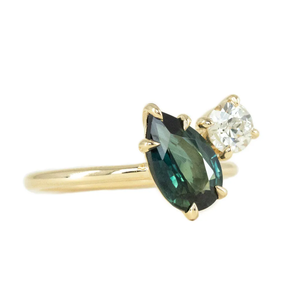 2.04ct Deep Teal Pear and Antique Old Mine Cut Diamond Ring in 14k Yellow Gold