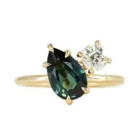 2.04ct Deep Teal Pear and Antique Old Mine Cut Diamond Ring in 14k Yellow Gold