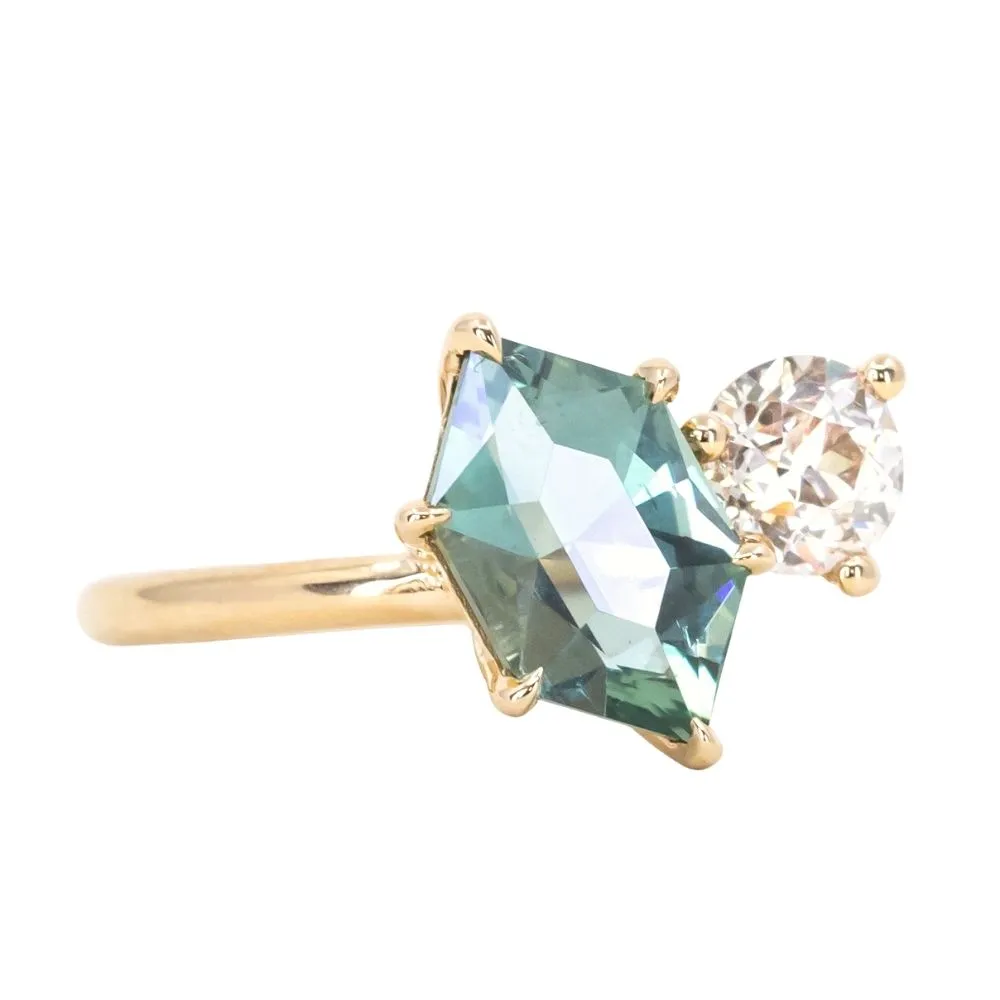 2.65ct Light Teal Hexagon Sapphire and Antique Old Mine Cut Diamond Ring in 18k Yellow Gold