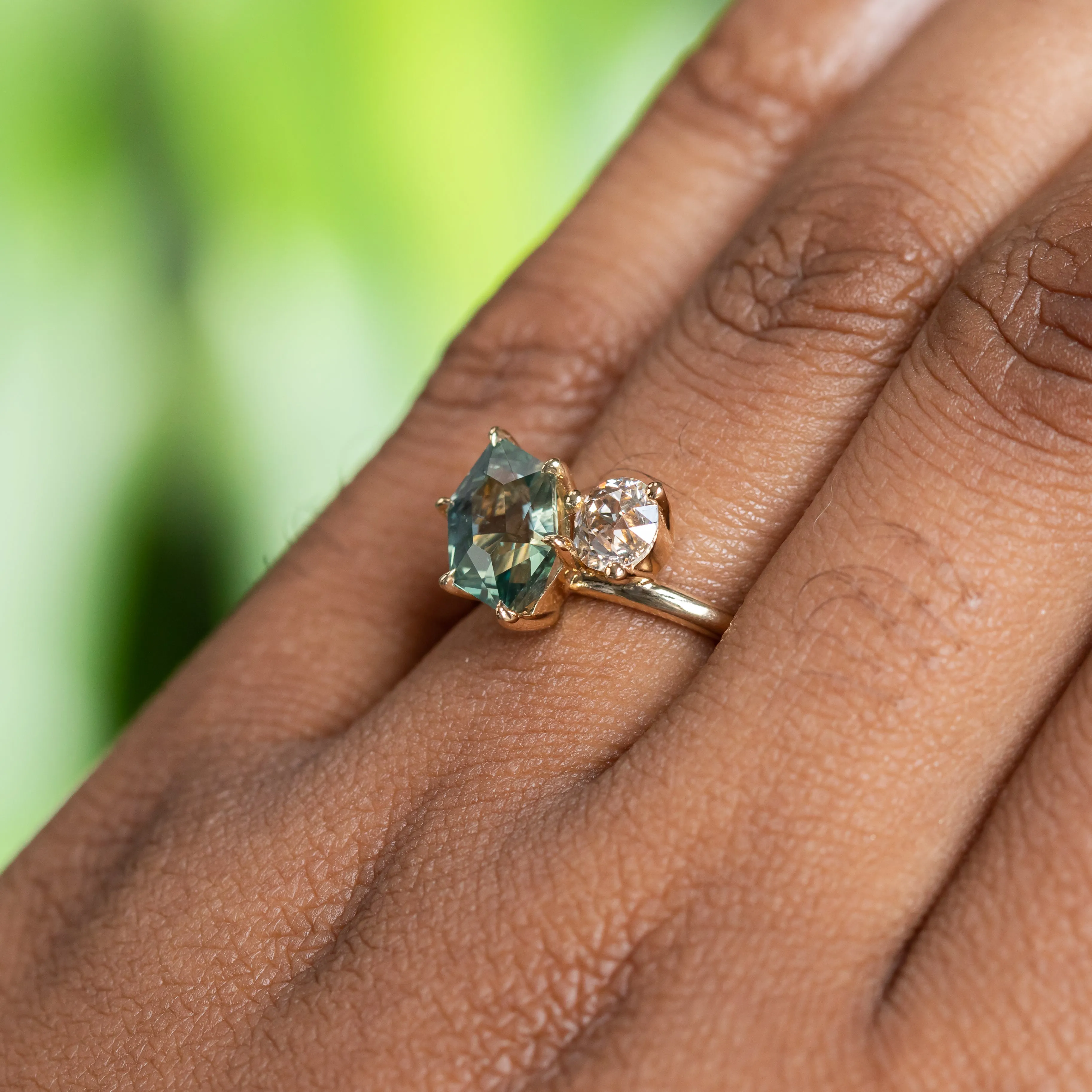 2.65ct Light Teal Hexagon Sapphire and Antique Old Mine Cut Diamond Ring in 18k Yellow Gold