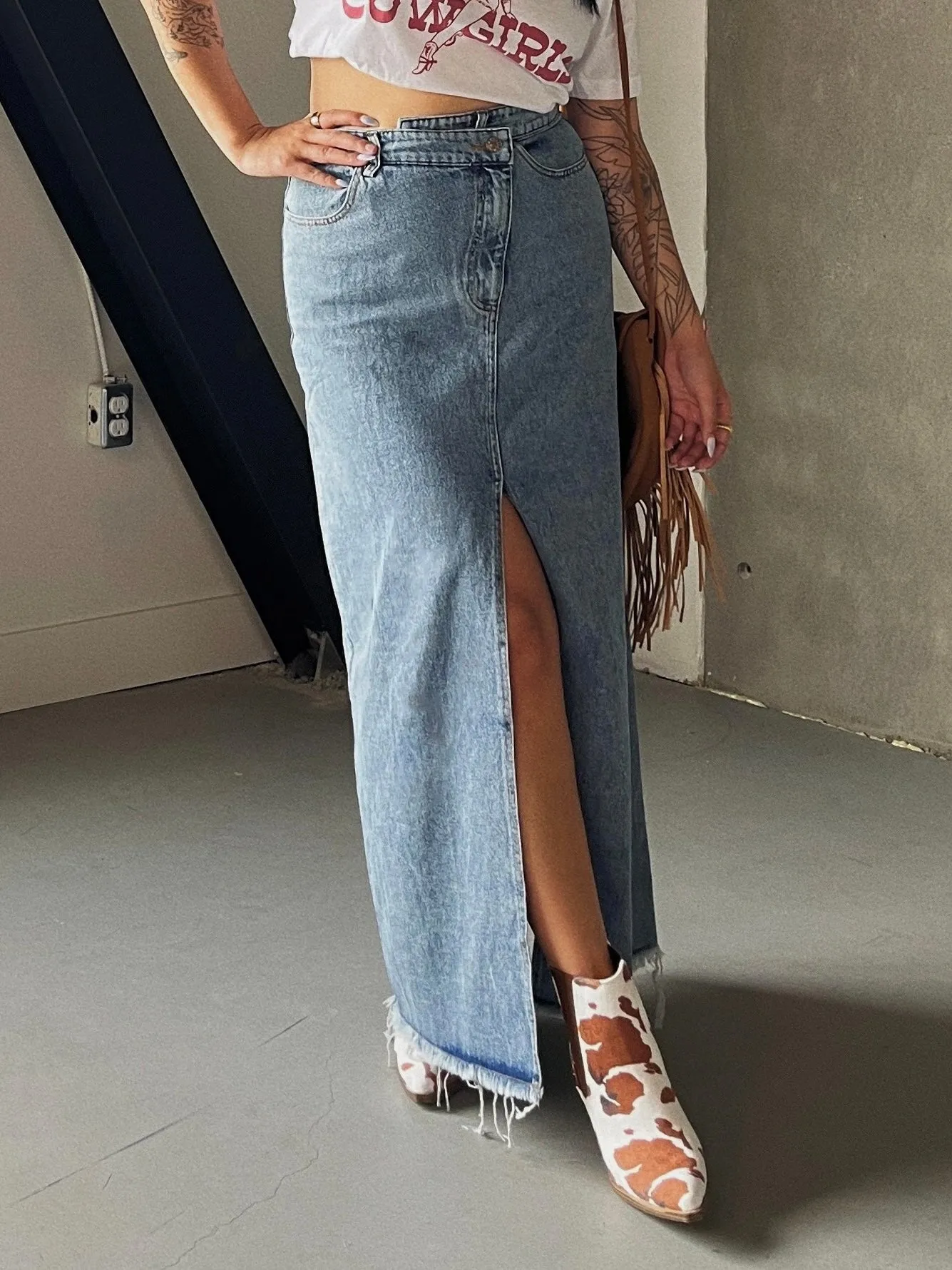 27 High Waist Denim Maxi Skirt