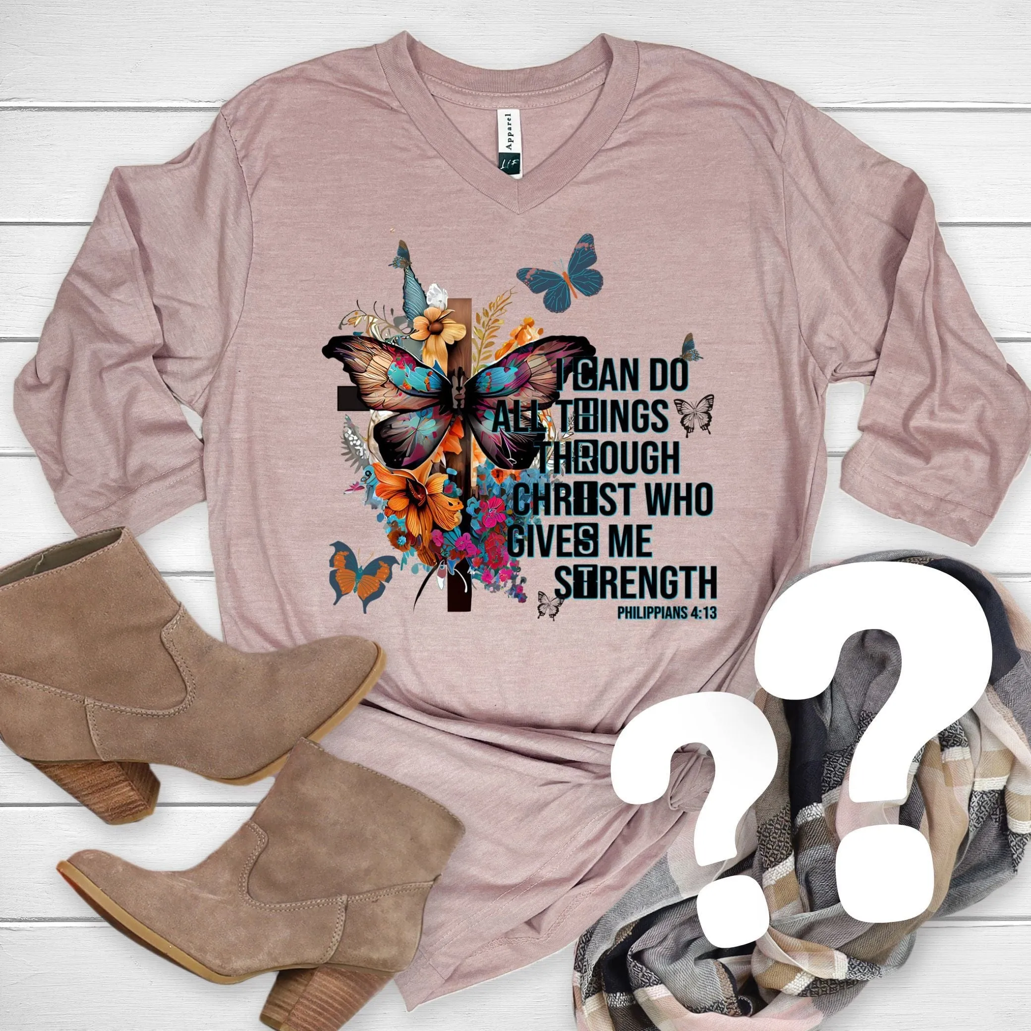 *$6.98 Super Deal* Mystery 3/4 Sleeve V-Neck Tee (color and design selected at random)