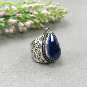 925 Sterling Silver RING : Natural Blue SAPPHIRE Gemstone With CZ Round Rose Cut Prong Set Fine Statement Unisex Ring 6.5US