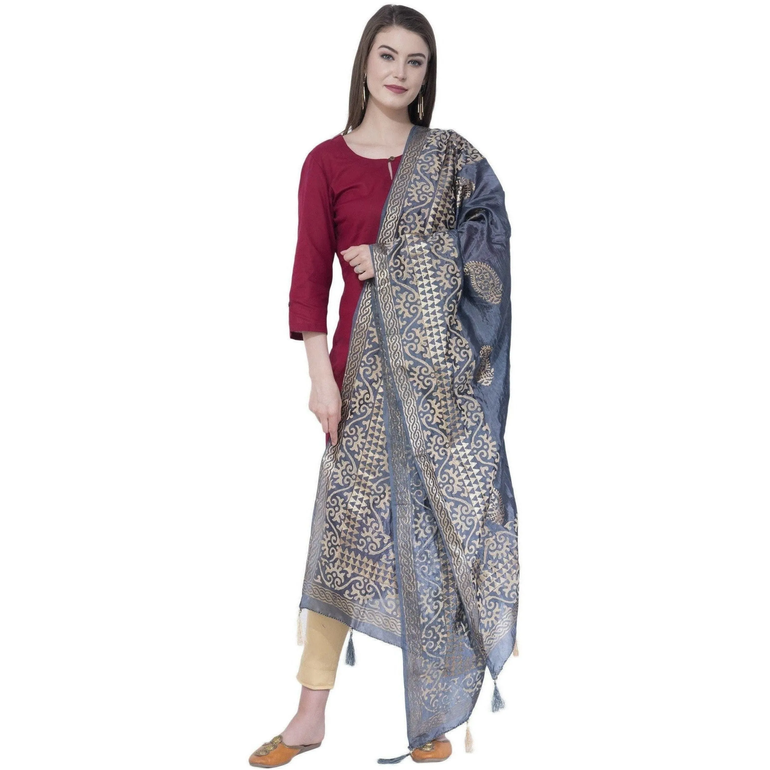 A R Silk Dark Gray Color Silk Pahadi Print Dupattas and Chunnis