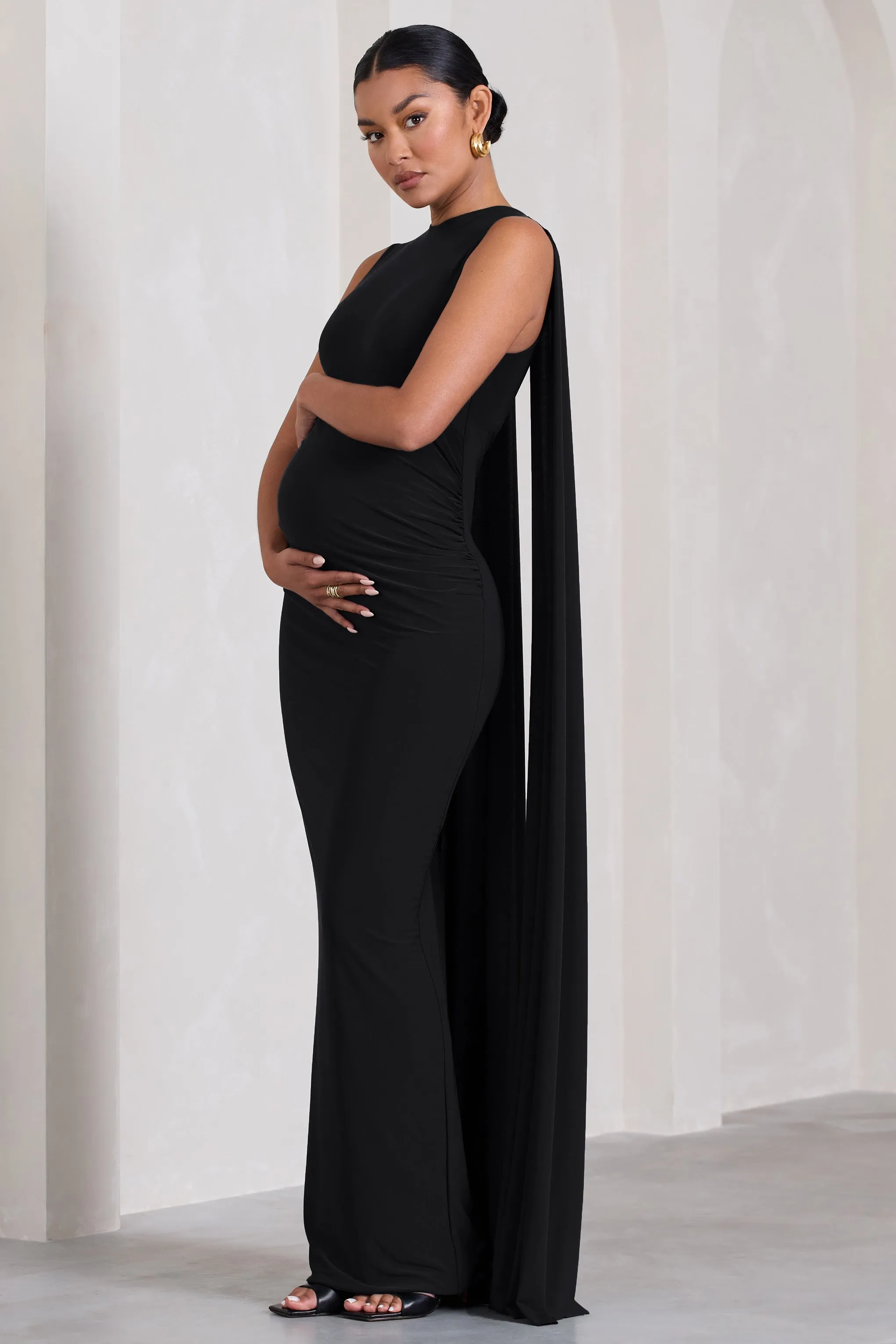 Allora | Black High-Neck Sleeveless Cape Maternity Maxi Dress