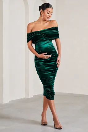 Alyssa | Bottle Green Velvet Maternity Bardot Bow Maternity Midi Dress with Ruching