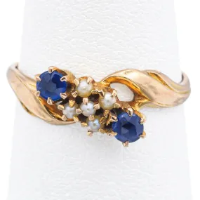 Antique W Signed 8K Yellow Gold Blue Quartz & Seed Pearl Band Ring Size 6