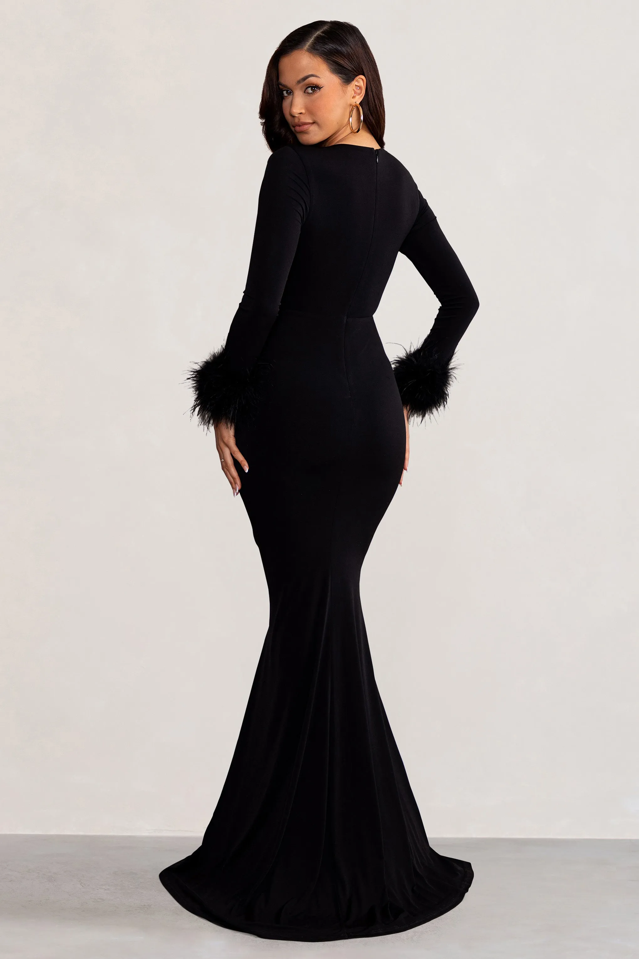 Betty | Black High Neck Long Sleeve Maxi Dress with Feather Cuffs