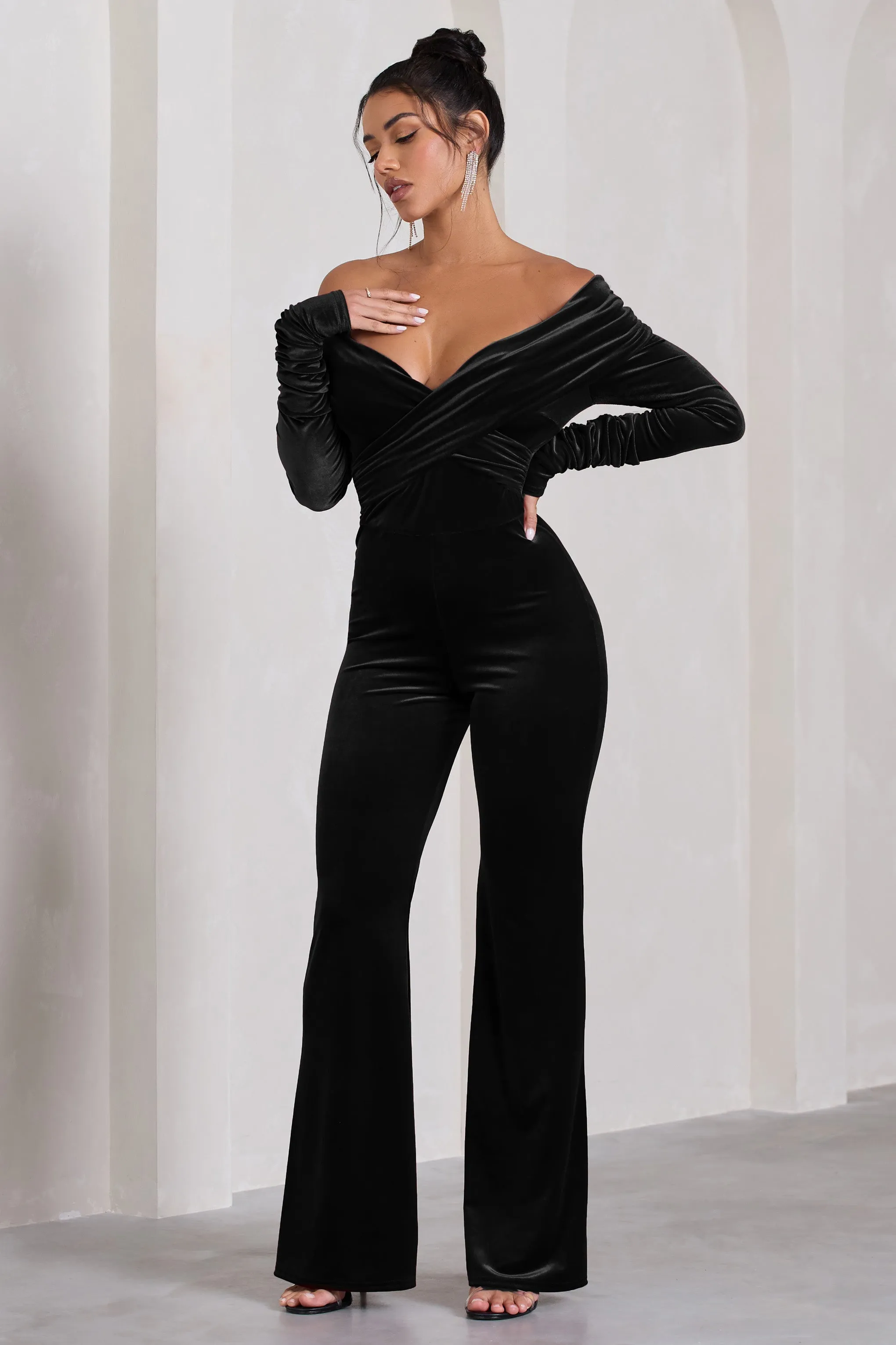 Borealis | Black Velvet Long-Sleeved Bardot Jumpsuit