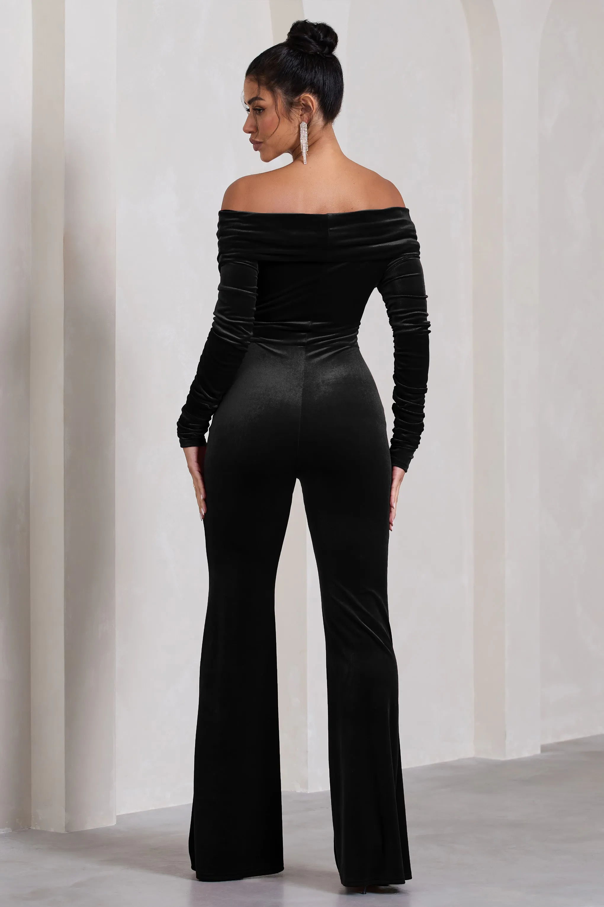 Borealis | Black Velvet Long-Sleeved Bardot Jumpsuit