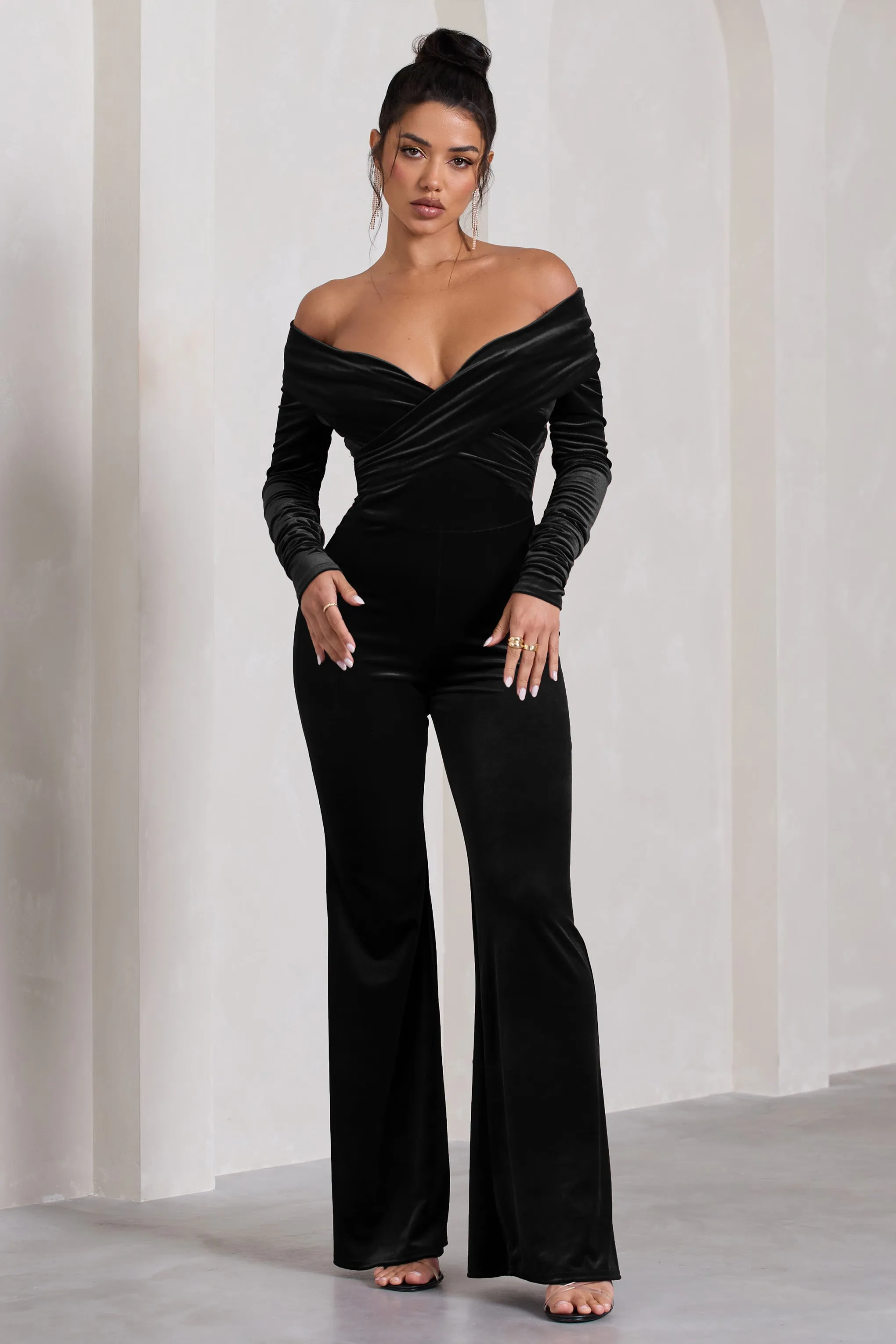 Borealis | Black Velvet Long-Sleeved Bardot Jumpsuit