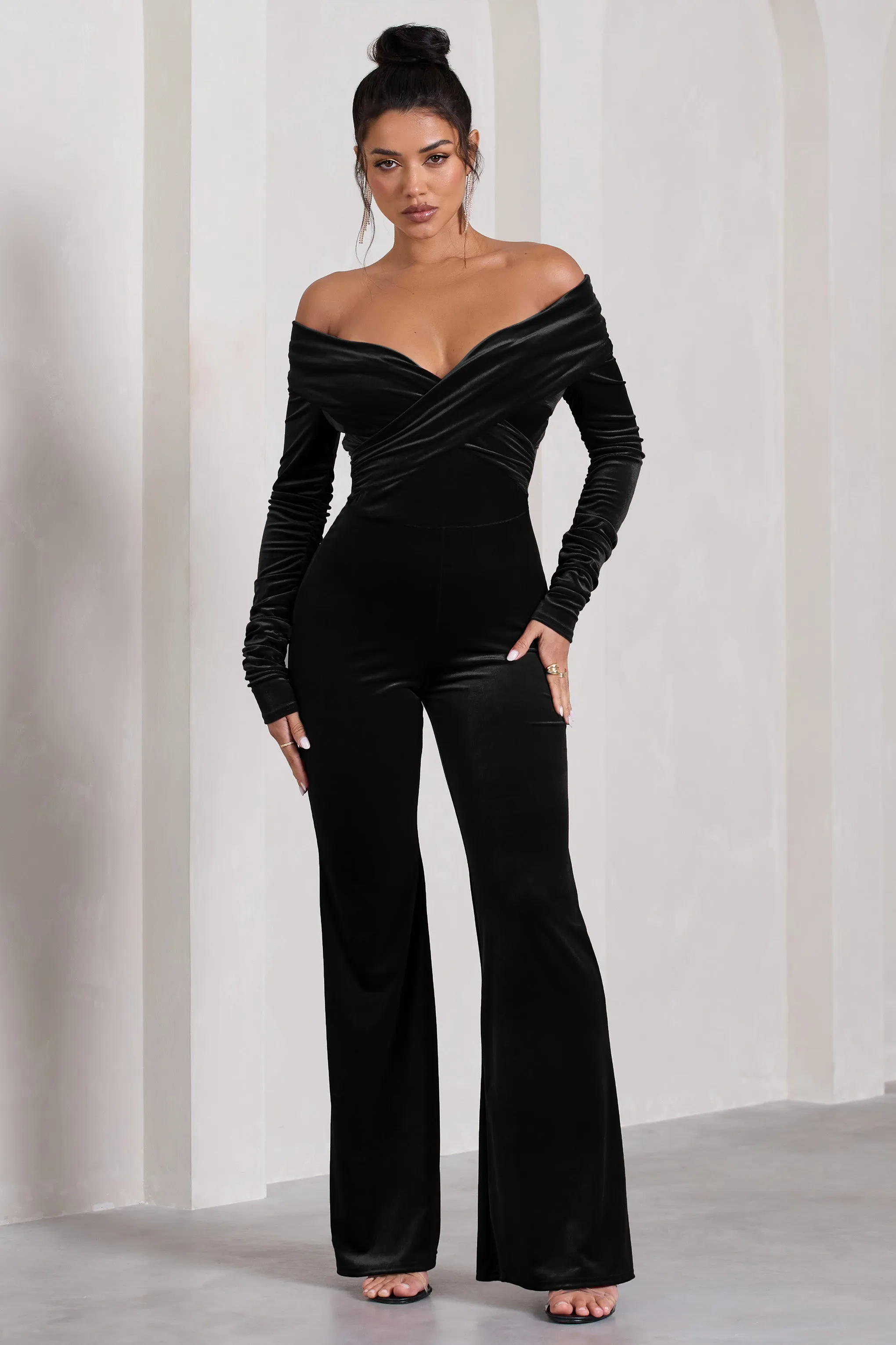 Borealis | Black Velvet Long-Sleeved Bardot Jumpsuit