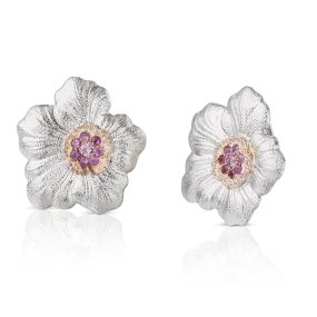 Buccellati - Blossoms Gardenia - Button Earrings with Pink Sapphires, Sterling Silver with Gold Accents