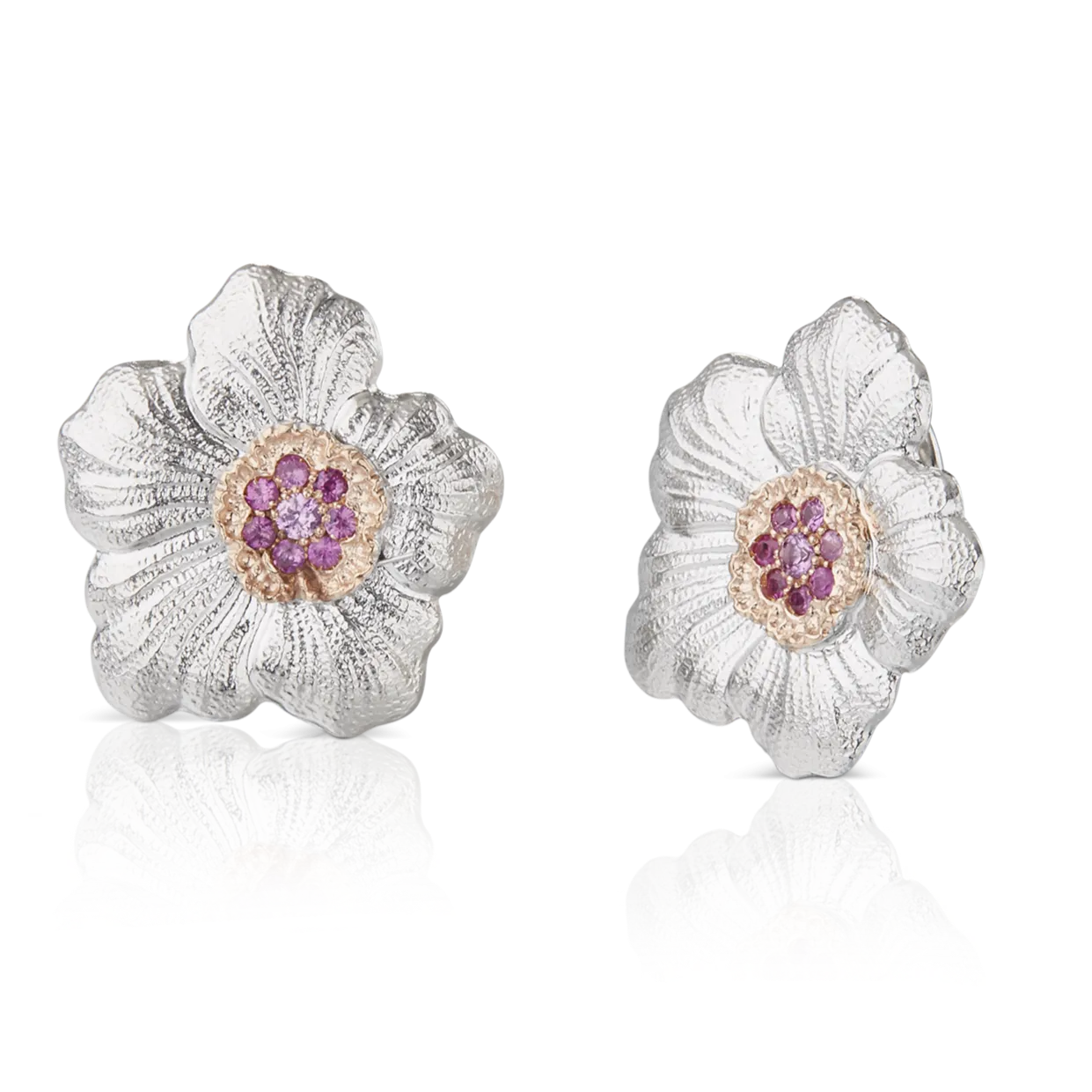 Buccellati - Blossoms Gardenia - Button Earrings with Pink Sapphires, Sterling Silver with Gold Accents