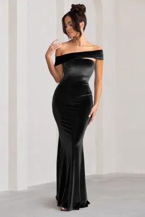 Candela | Black Velvet Asymmetric Bardot Maxi Dress