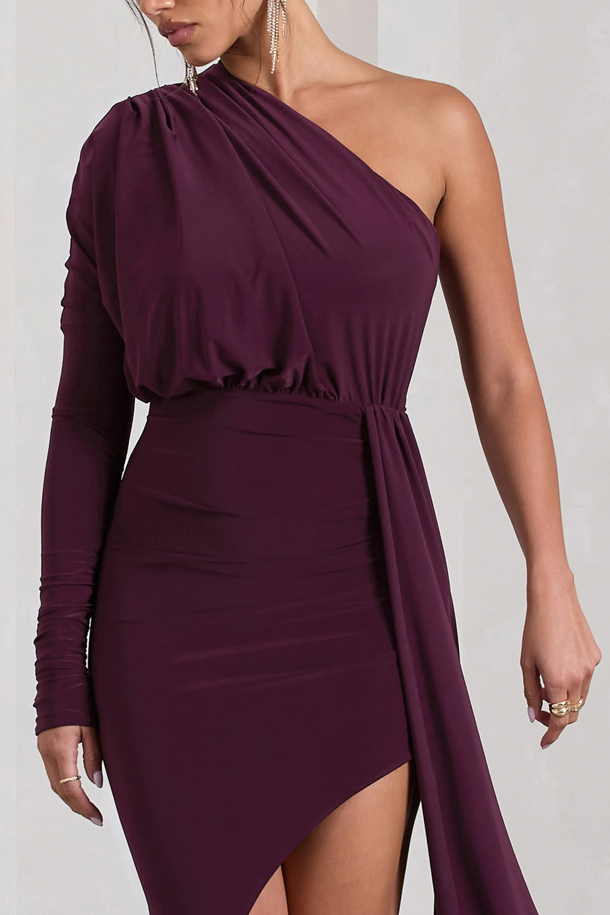 Catherine | Plum One Sleeve Asymmetric Midi Dress With Statement Drape