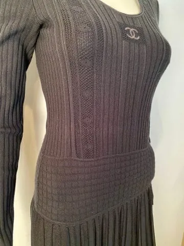 Chanel 05A Black Long Sleeve Ribbed CC Logo Sweater Dress FR 38 US 4/6