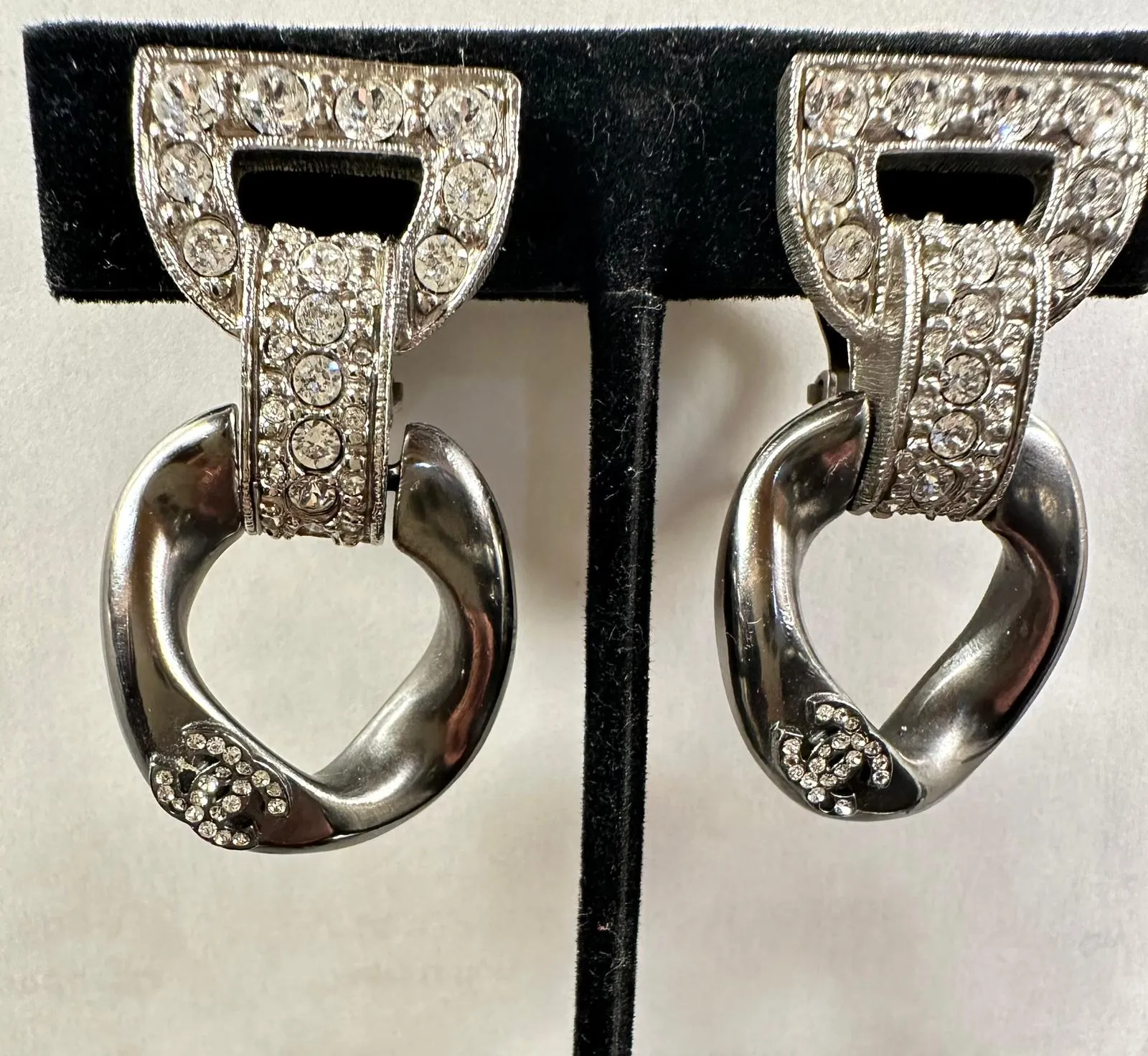 Chanel 14C 2014 Cruise Resort Silver Crystal Chain Link Clip On Earrings