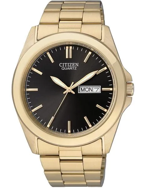 Citizen Quartz Mens Day/Date Dress Watch - Black Dial and Gold-Tone Case