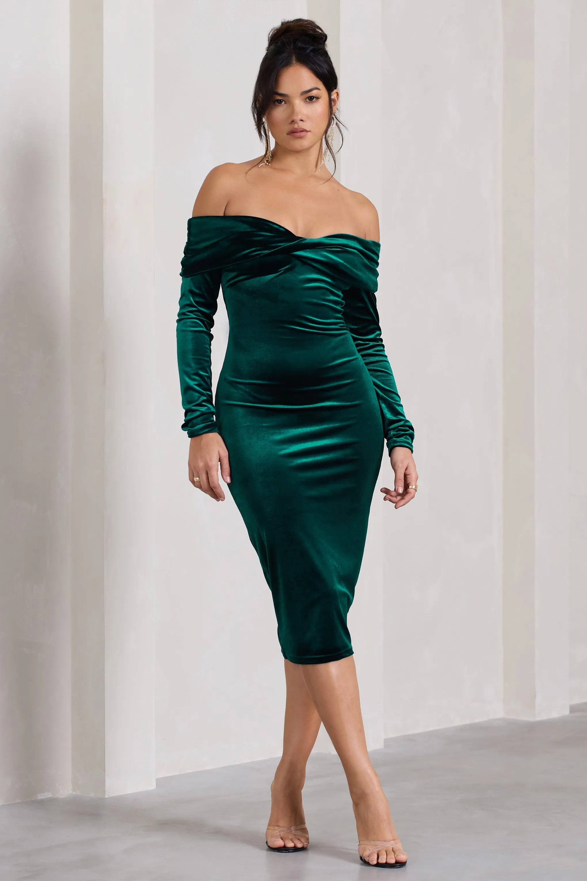 Compliment | Bottle Green Velvet Bardot Midi Dress