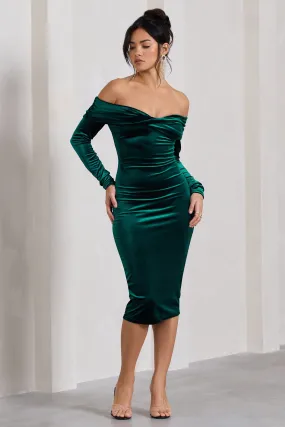 Compliment | Bottle Green Velvet Bardot Midi Dress