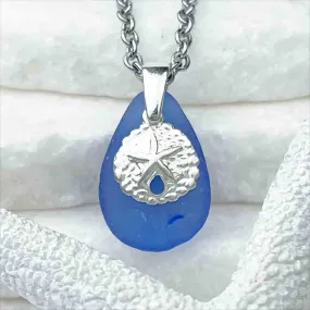 Cornflower Blue Sea Glass Pendant with Sterling Silver Sand Dollar Charm | #1705