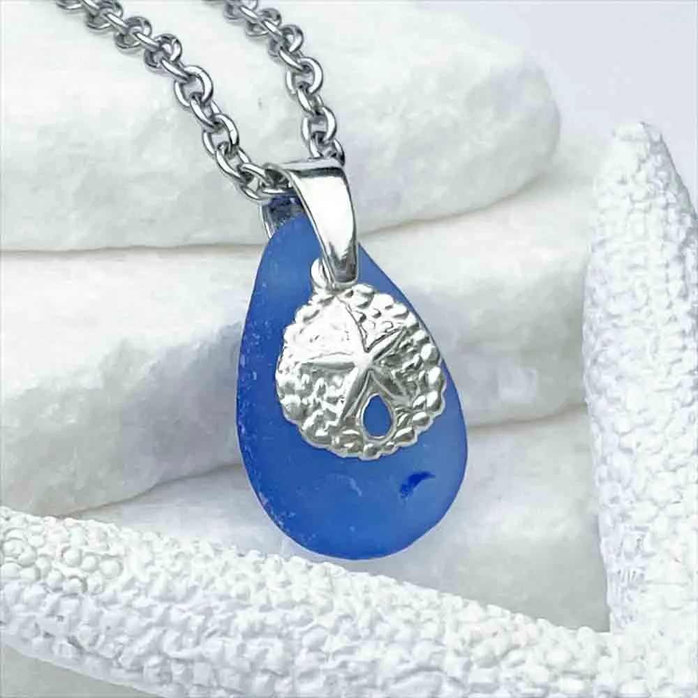 Cornflower Blue Sea Glass Pendant with Sterling Silver Sand Dollar Charm | #1705