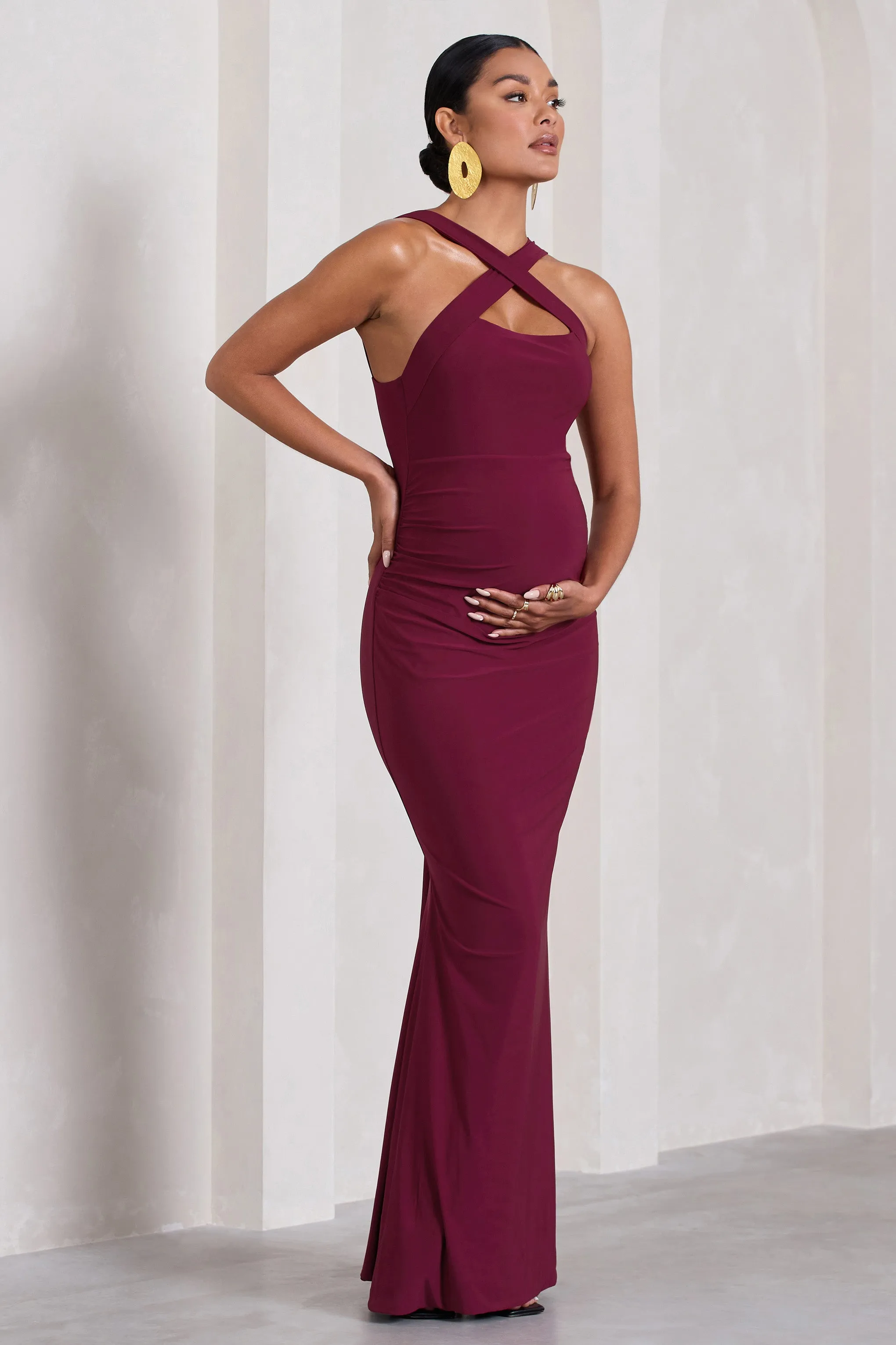 Cross My Heart | Burgundy Sleeveless Cross-Neck Maternity Maxi Dress