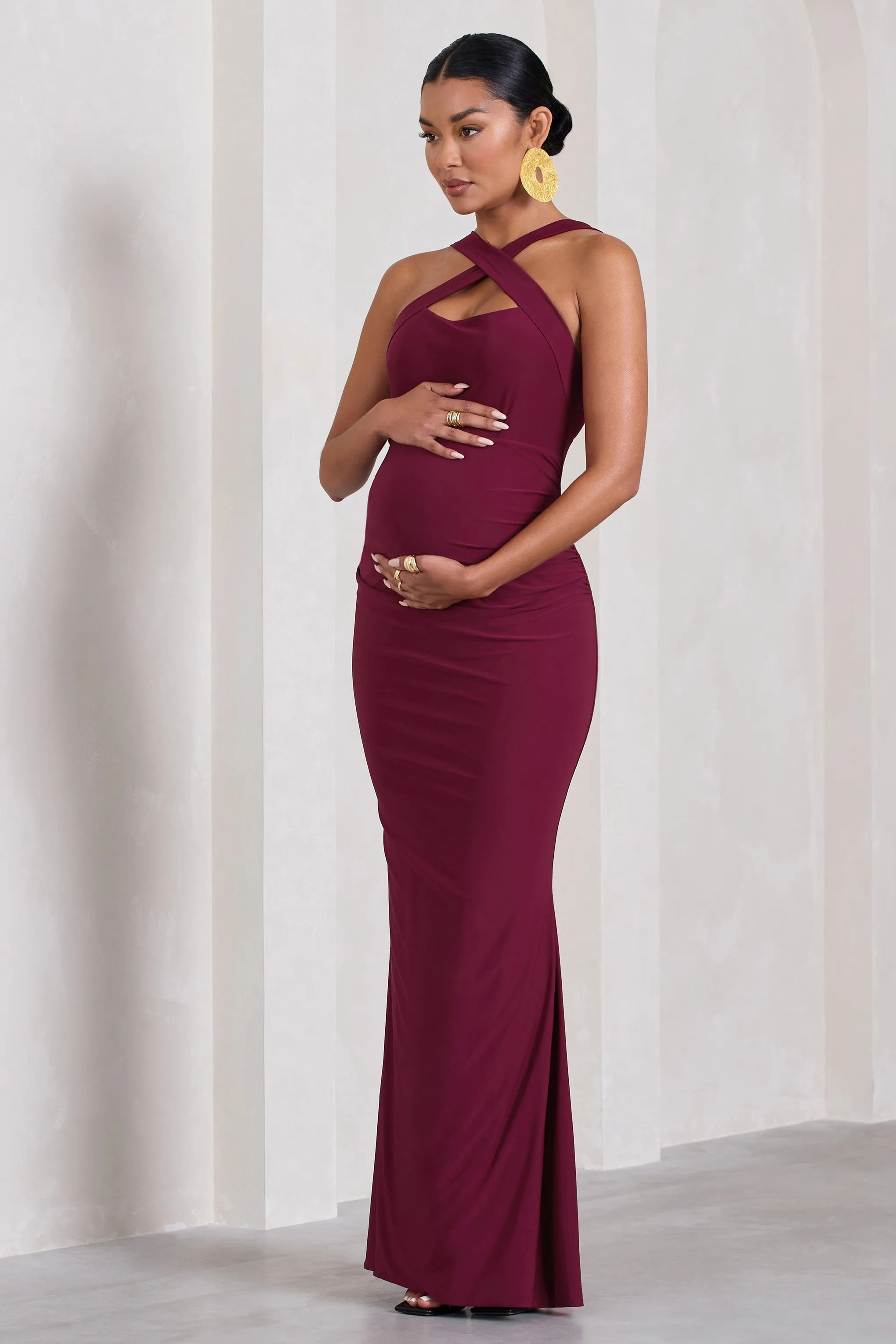 Cross My Heart | Burgundy Sleeveless Cross-Neck Maternity Maxi Dress