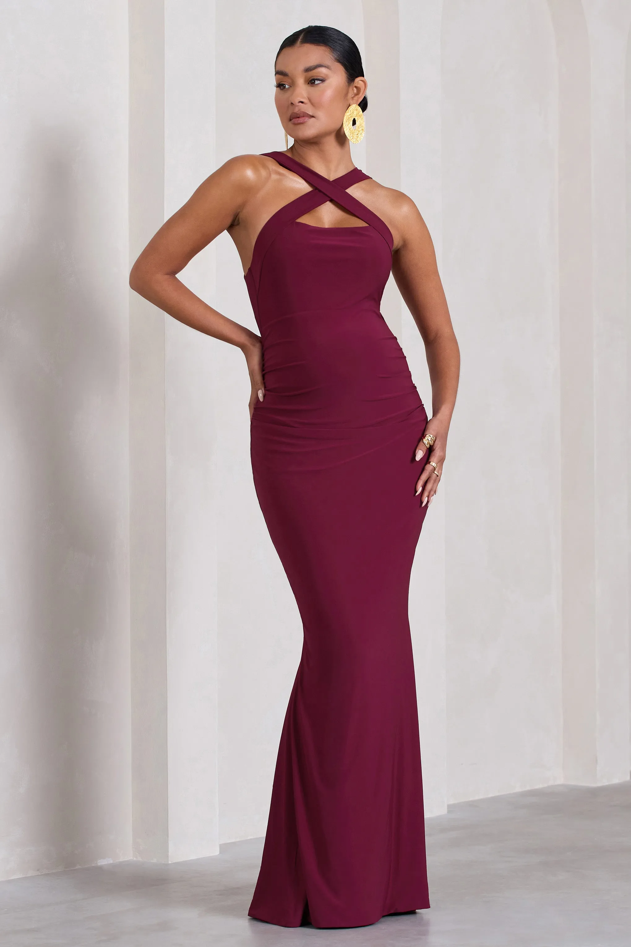 Cross My Heart | Burgundy Sleeveless Cross-Neck Maternity Maxi Dress