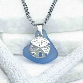 Delightful Cornflower Blue Sea Glass Pendant with Sand Dollar Charm | 5214