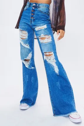 Denim Pants - Distressed Wide Leg