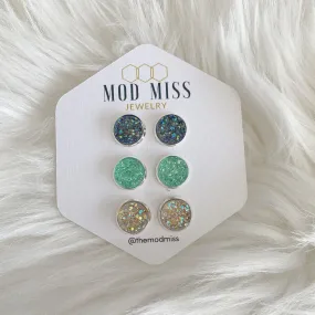 Druzy Stud Earring Set of 3 Gray, Aqua & Champagne in a Silver Setting