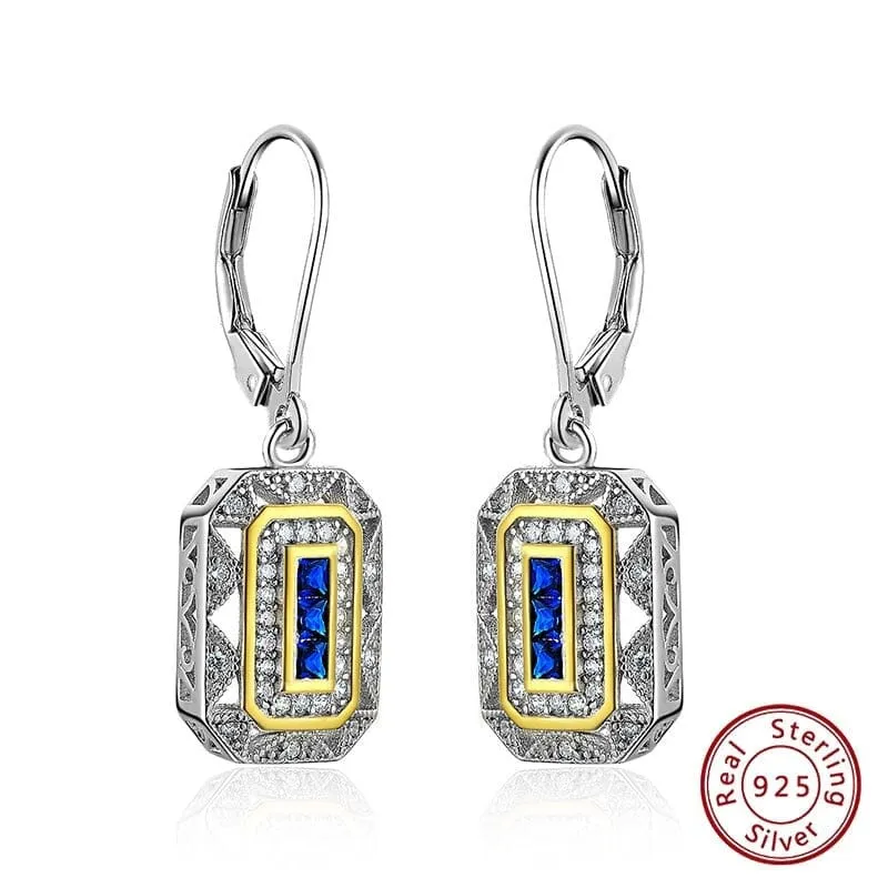 Ethnic Cut Design Sapphire 925 Sterling Silver Dangle Drop Earrings