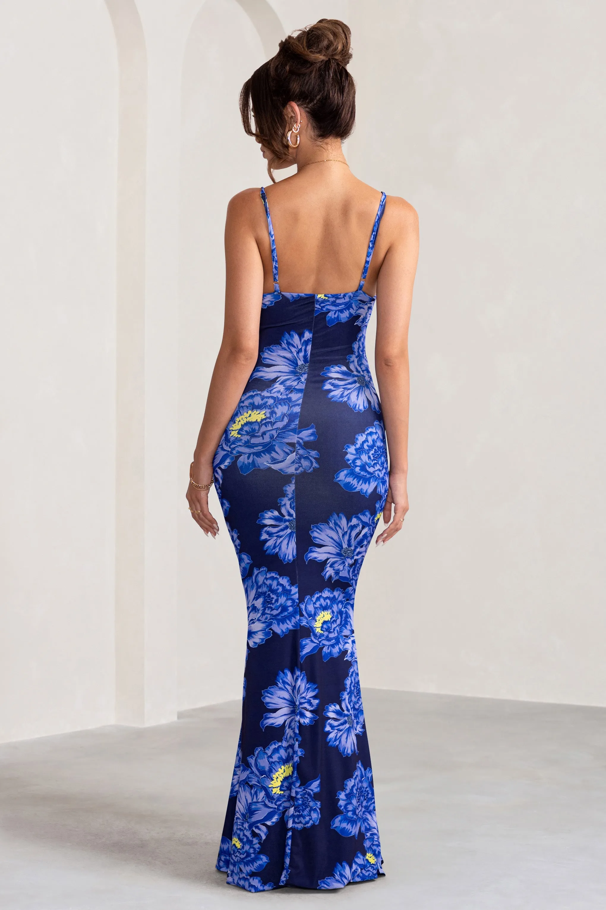 Farah | Blue Floral Print Plunge Neck Maxi Dress With Split Detail