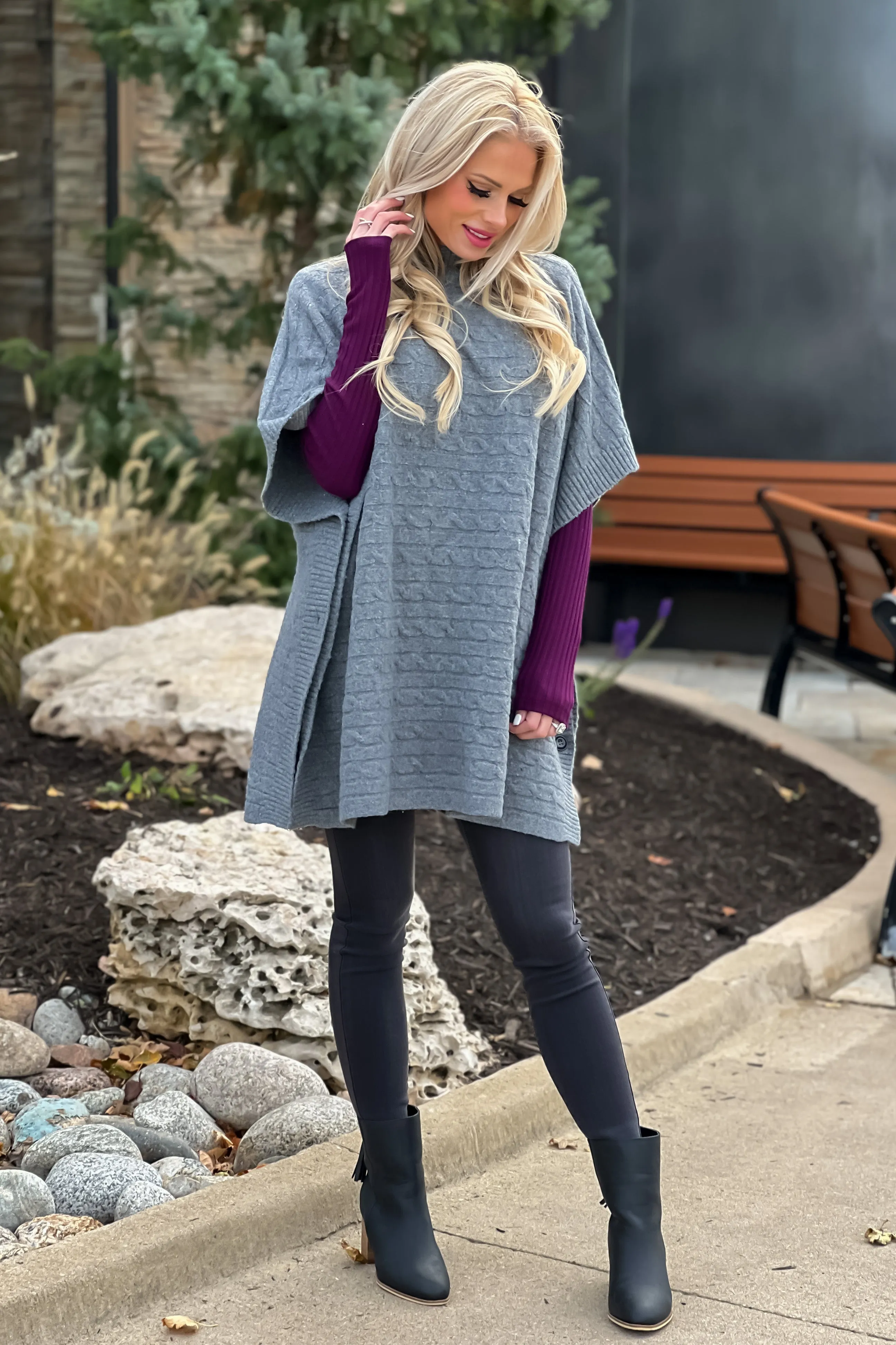 First Class Style Cable Knit Poncho : Heather Grey