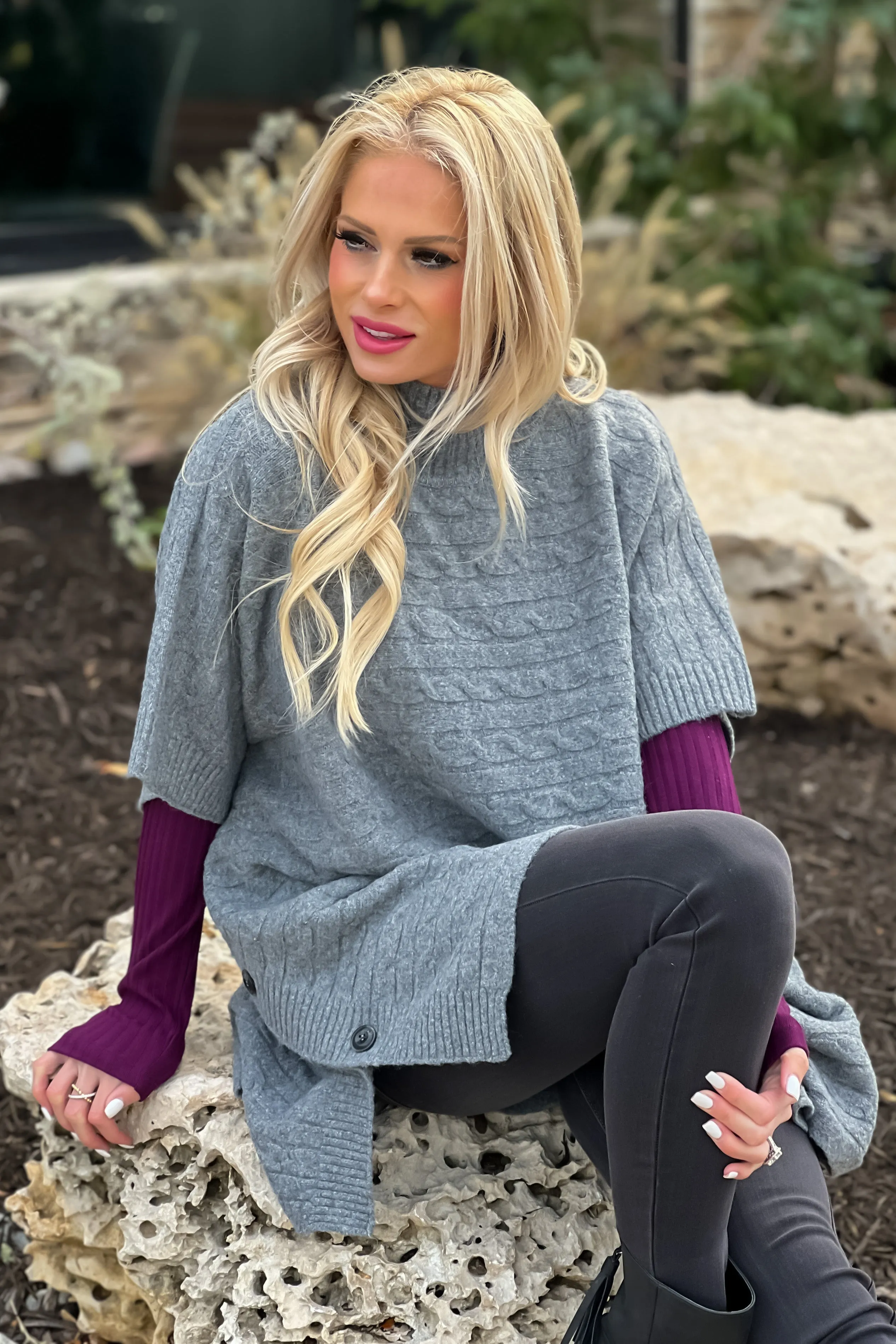 First Class Style Cable Knit Poncho : Heather Grey