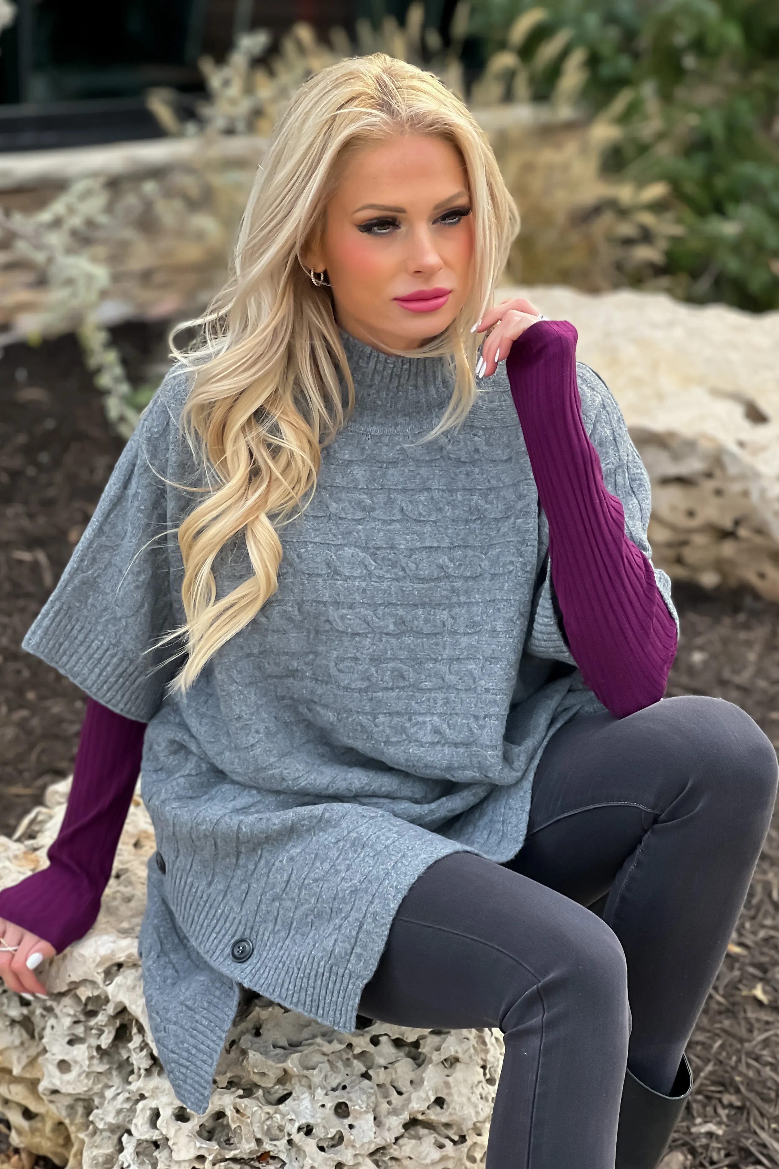 First Class Style Cable Knit Poncho : Heather Grey