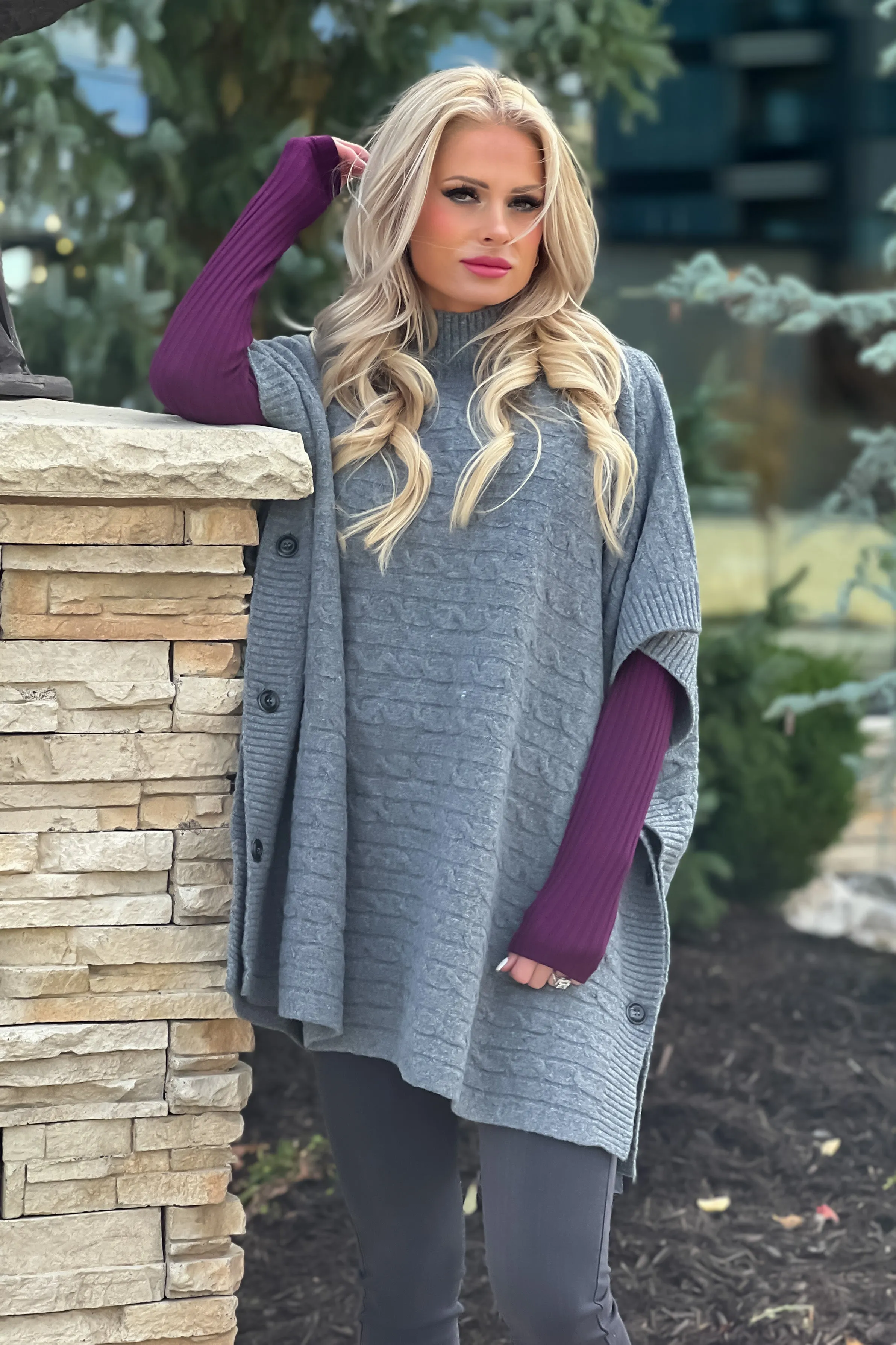 First Class Style Cable Knit Poncho : Heather Grey