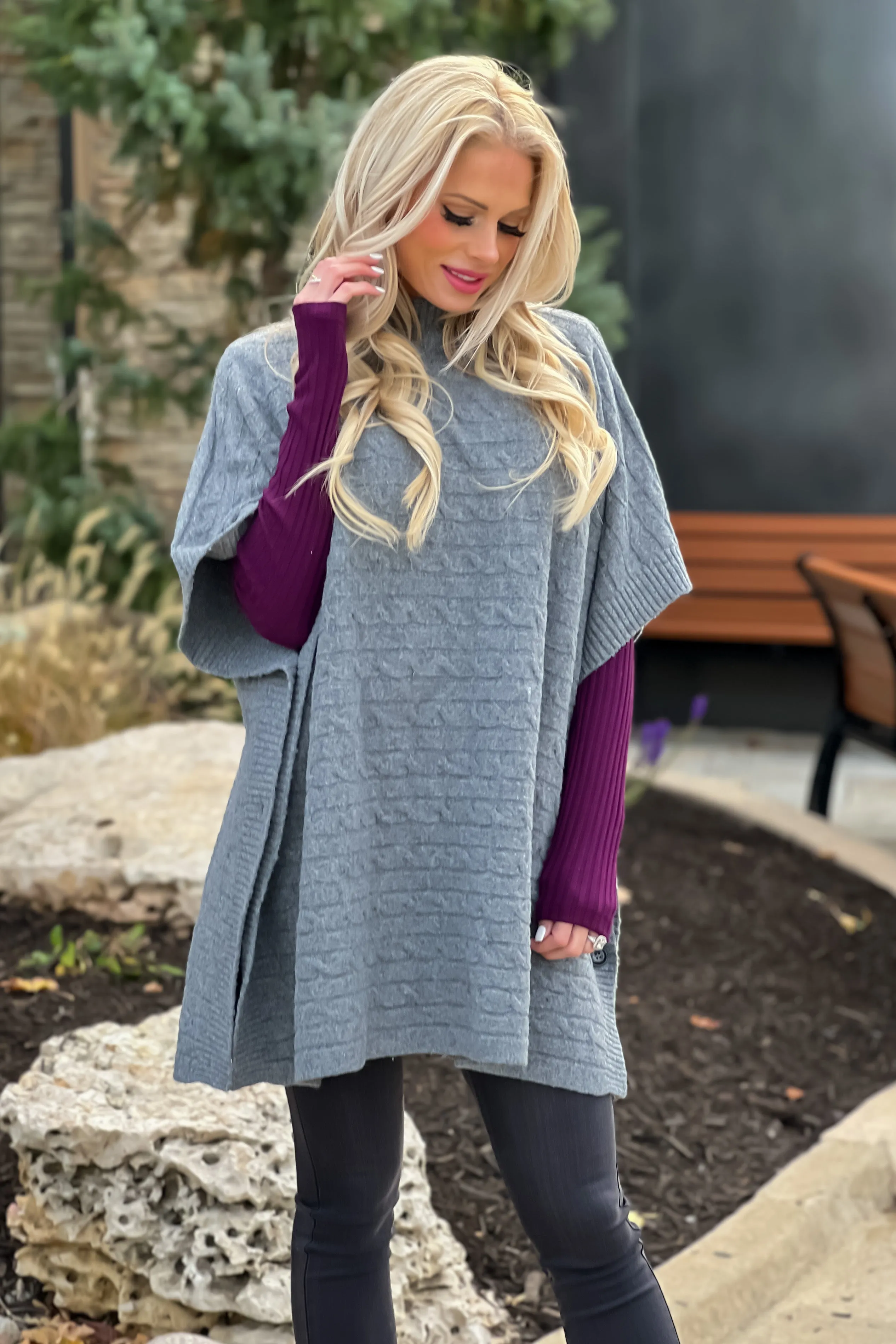 First Class Style Cable Knit Poncho : Heather Grey