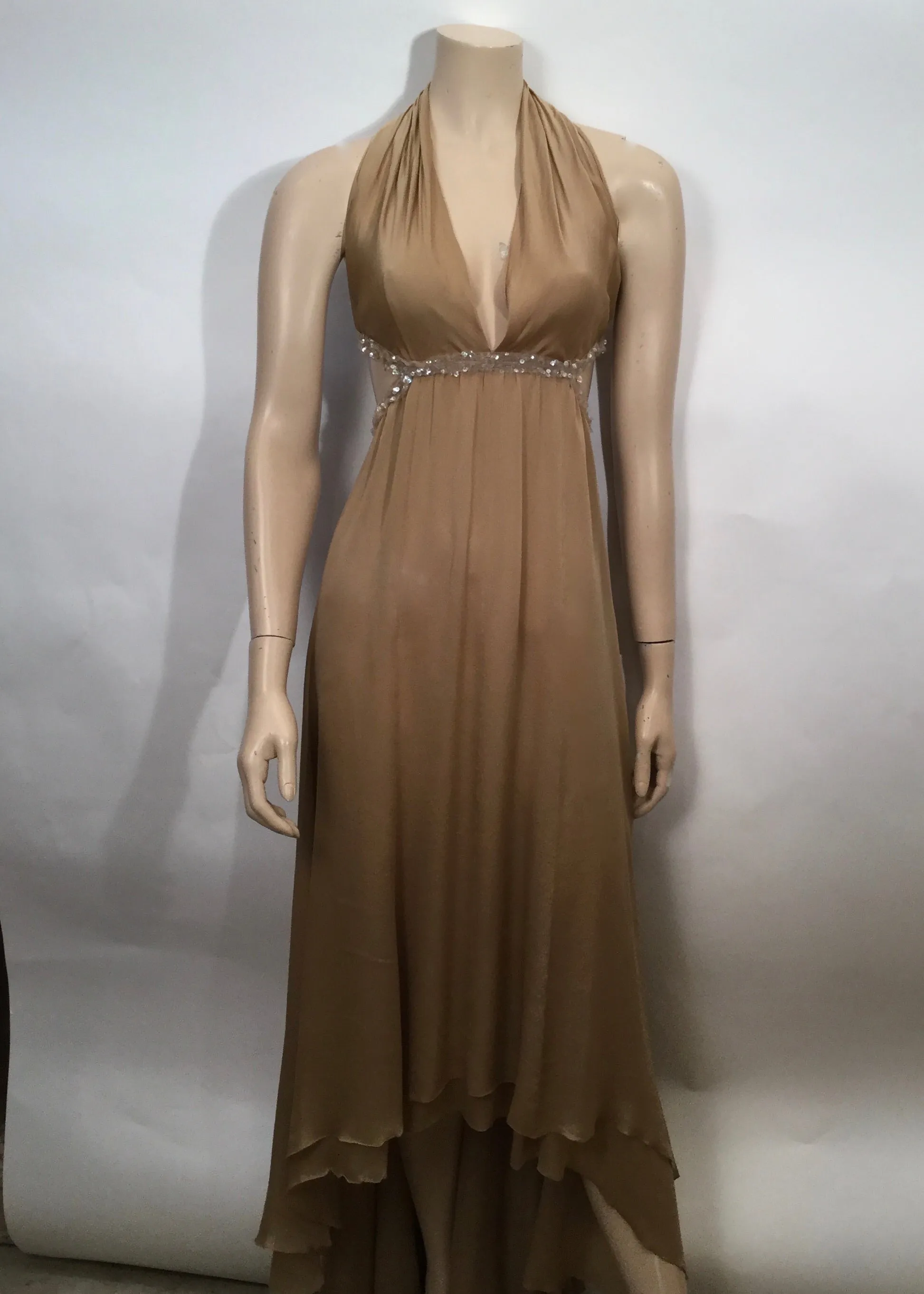 Frisky Chanel 2003 03P Spring Vintage Beige Sequin Halter Backless Long Chiffon Silk gown FR 38 US 4