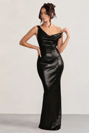 Galaxy Shimmer | Black Bias Cut Cowl Front Maxi Dress