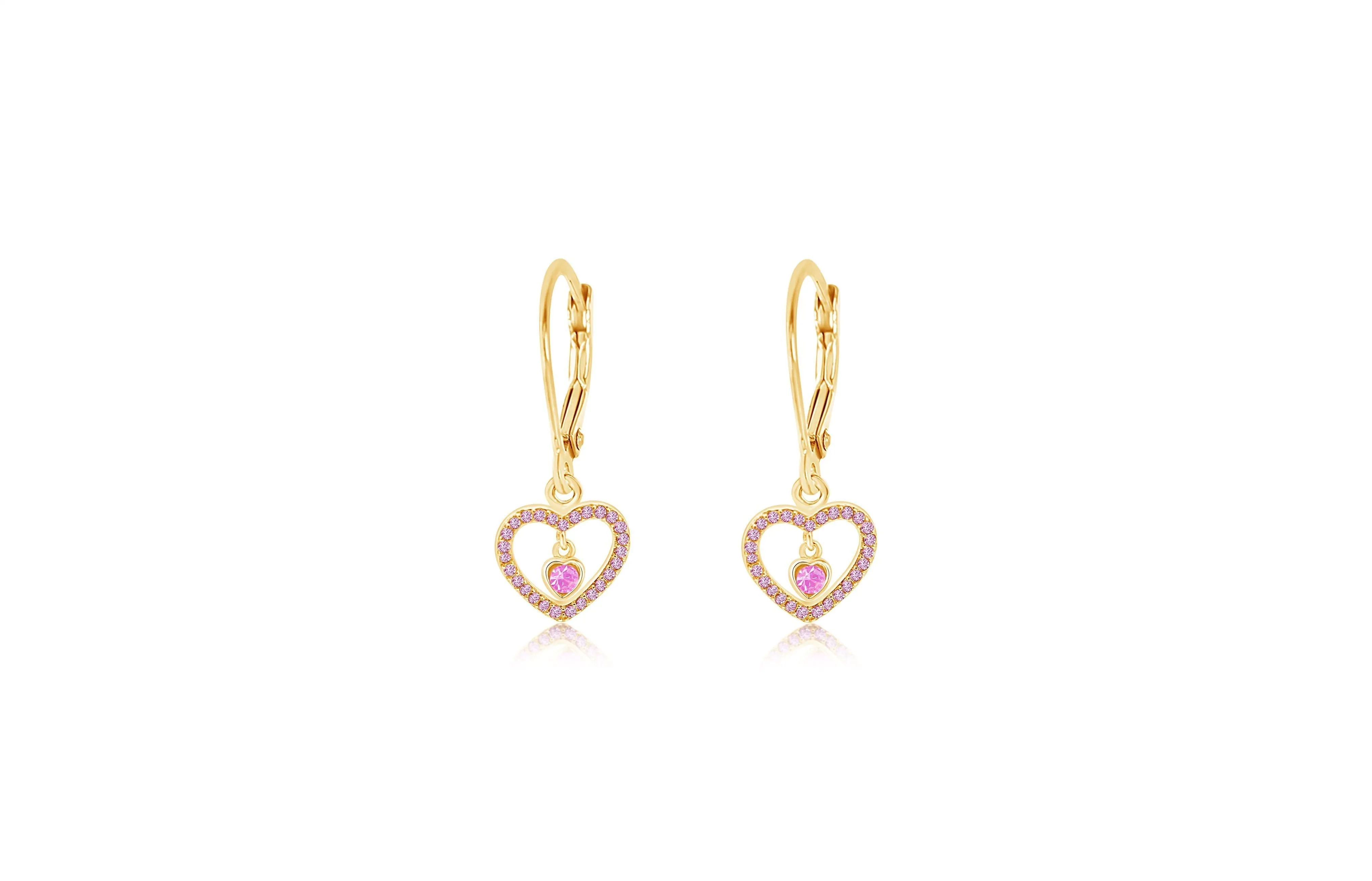 Heart Pink Crystal Yellow Gold Plating Girls Leverback Earring