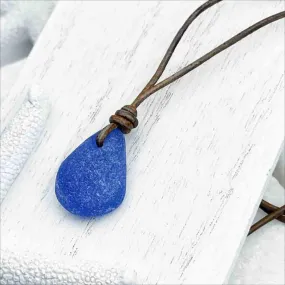 Heavily Frosted Cobalt Blue Sea Glass on a Leather Necklace | #1920