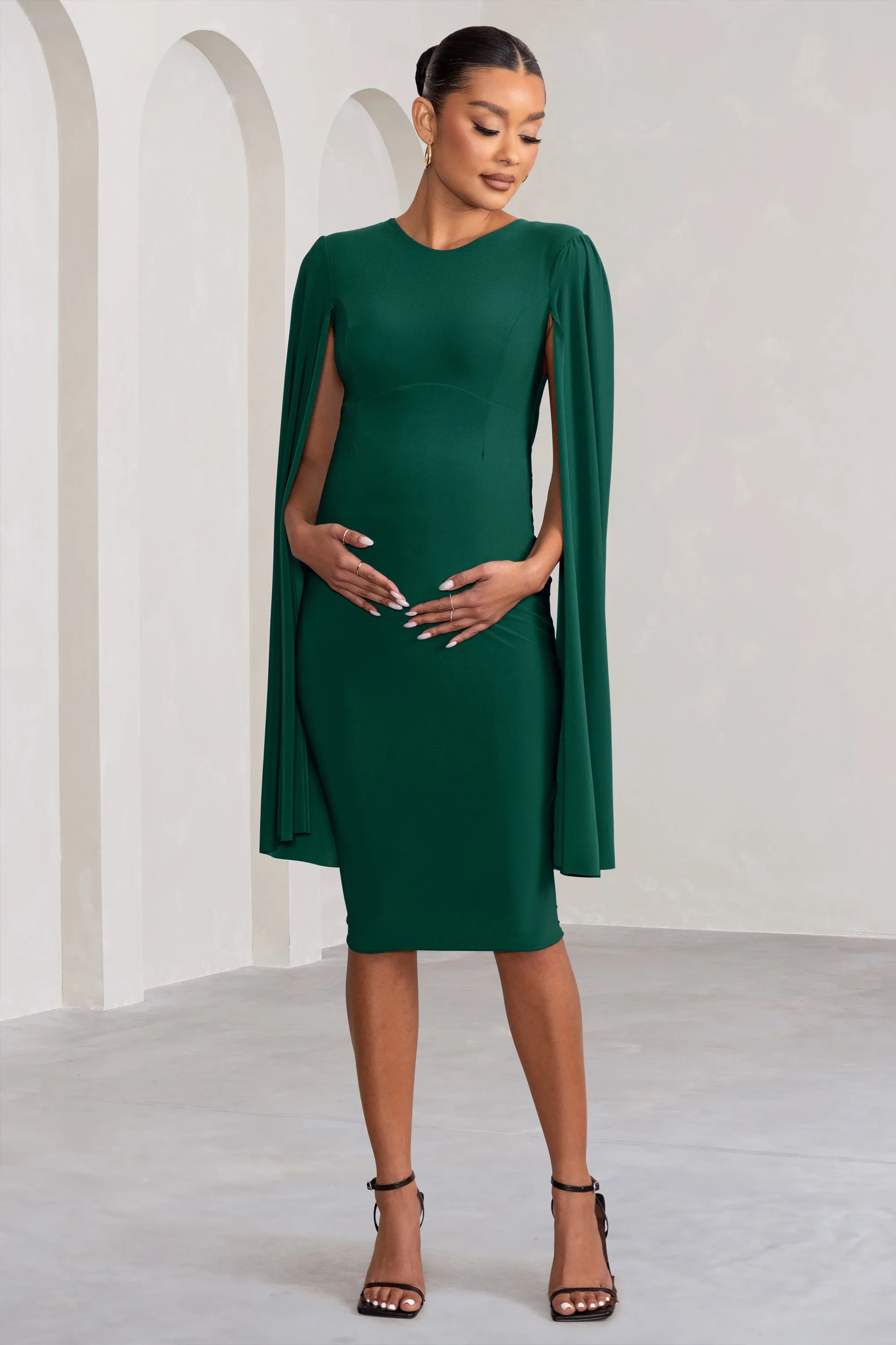 Hey Mama | Bottle Green Maternity Cape Midi Dress