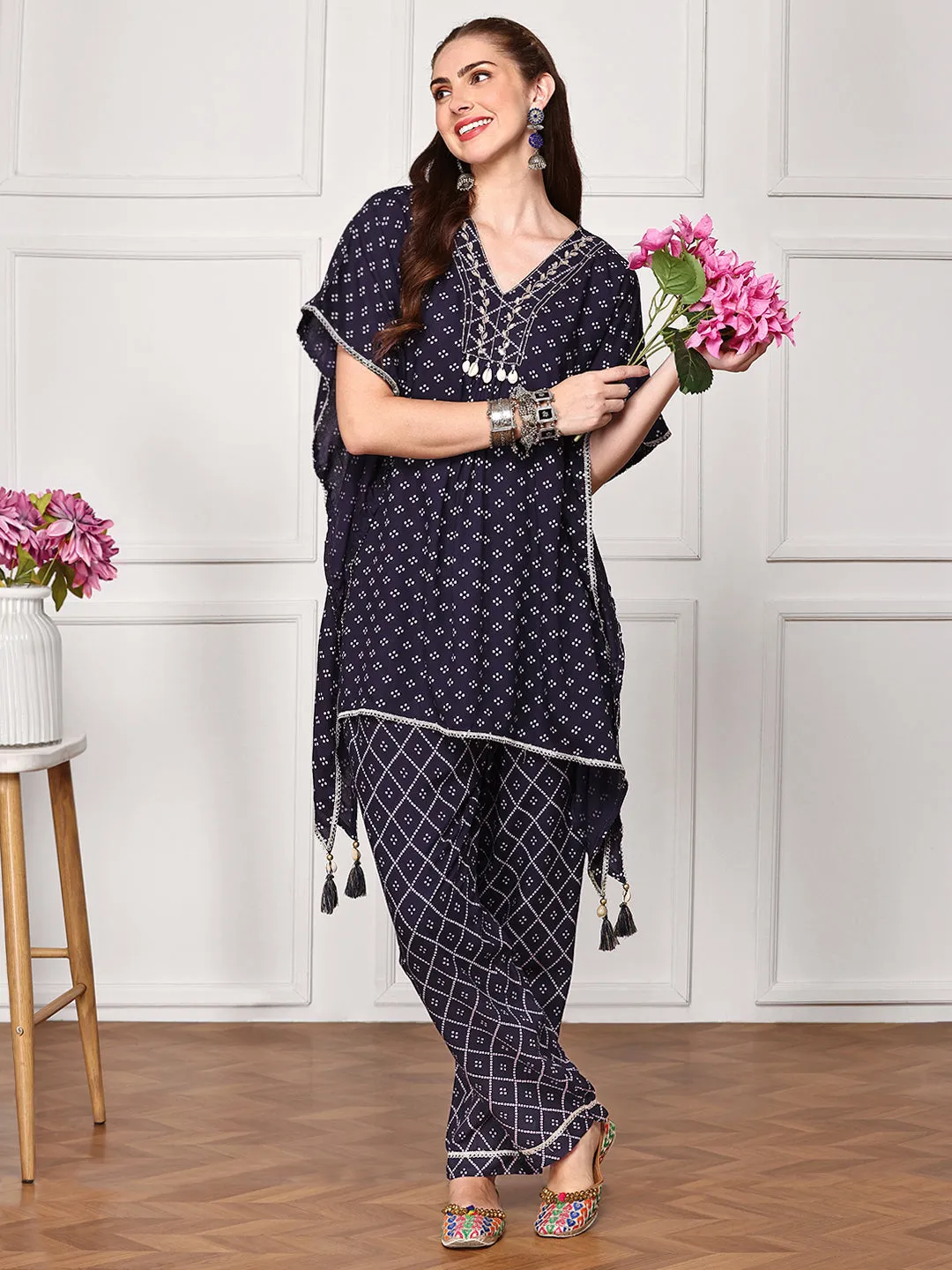 Ishin Women Embellished Bandhani Printed Kaftan Top with Hand Tassels Paired With Trouser