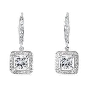 Ivy 18k White Gold Plated Halo Drop Earrings with Princess Cut CZ Crystal