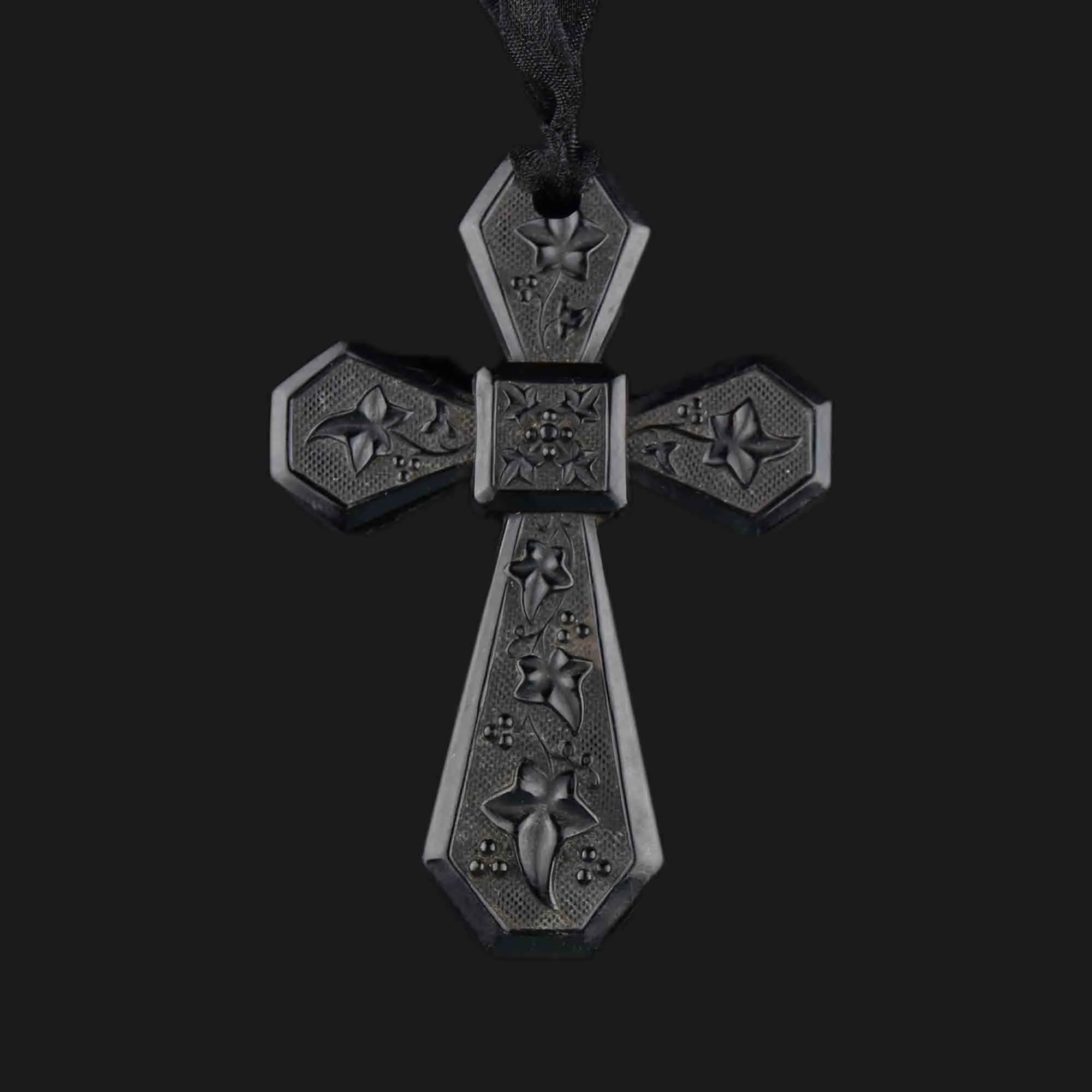 Large Victorian Vulcanite Ivy Leaf Cross Pendant Necklace