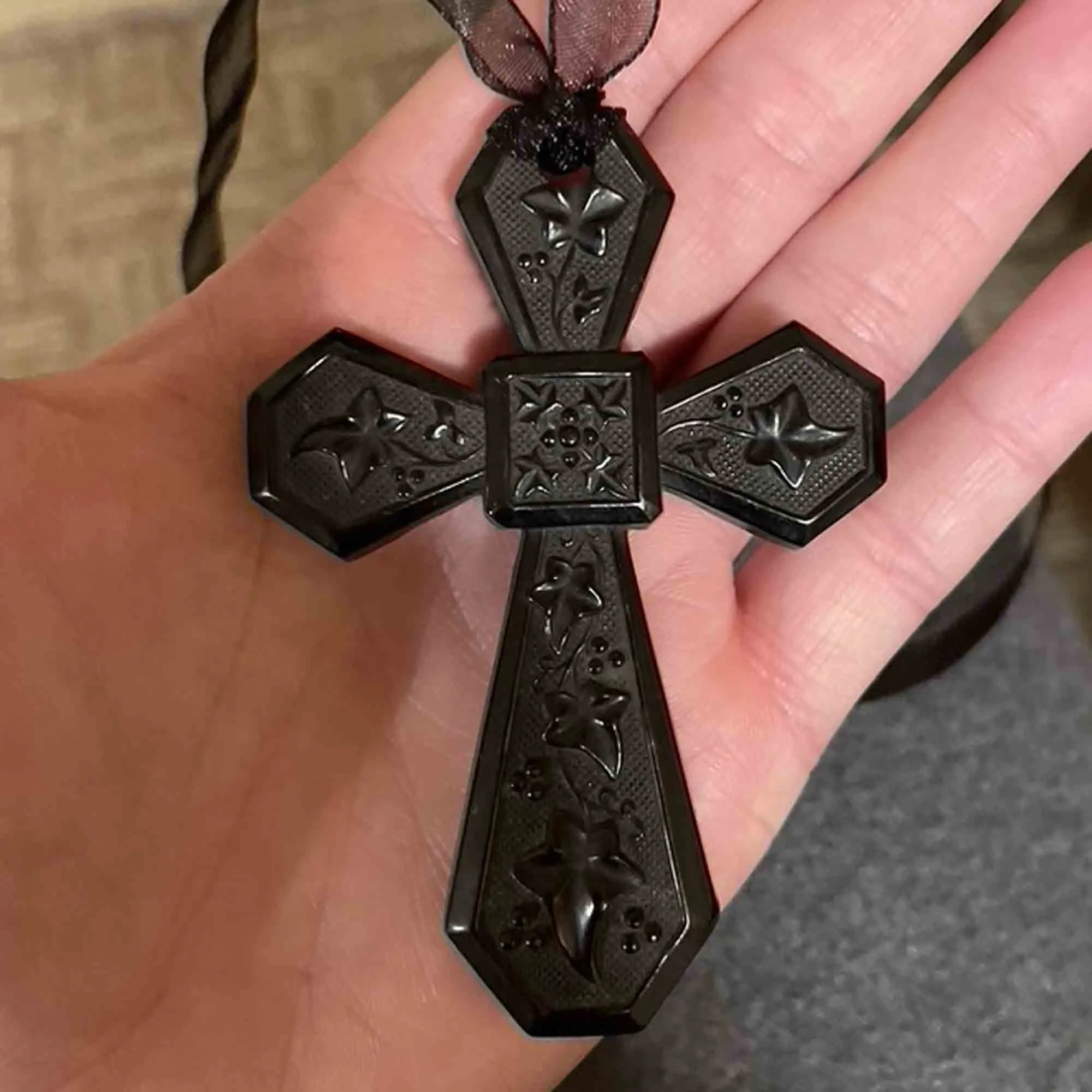 Large Victorian Vulcanite Ivy Leaf Cross Pendant Necklace